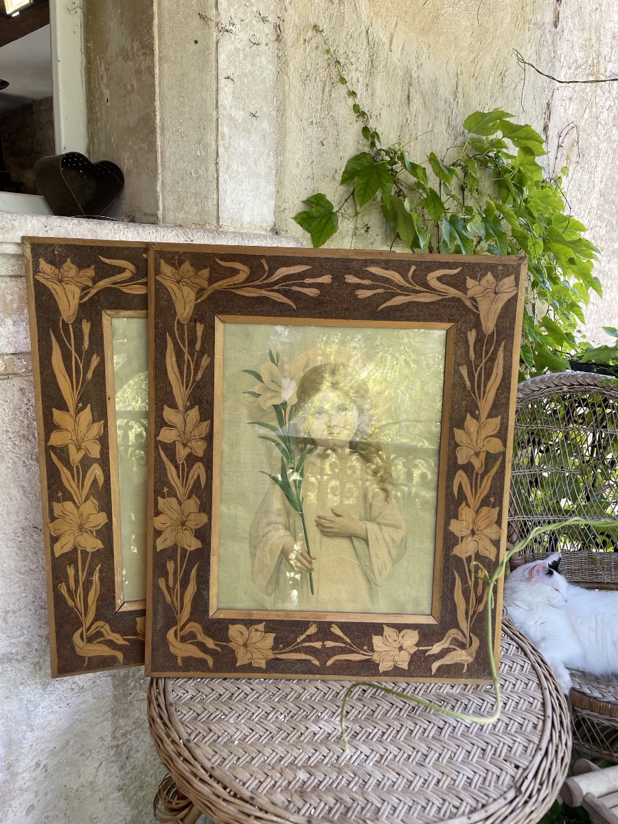 The Pair Of Large Art Nouveau Pyrographed Frames -photo-3