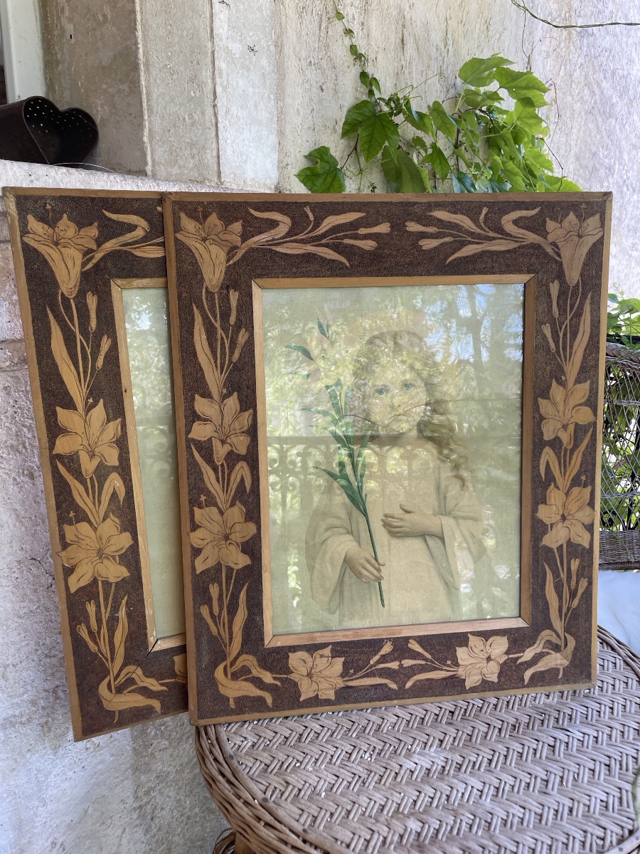 The Pair Of Large Art Nouveau Pyrographed Frames -photo-4