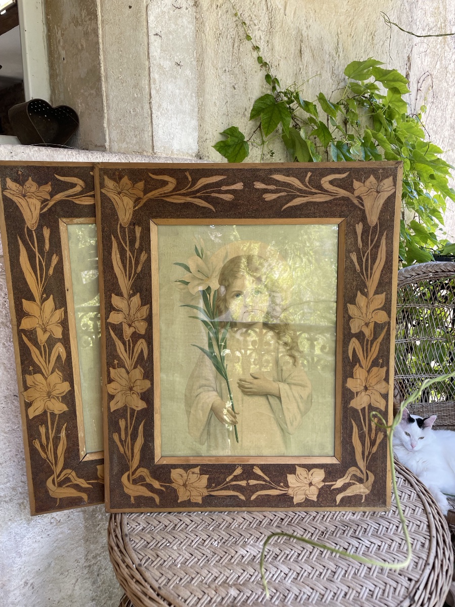 The Pair Of Large Art Nouveau Pyrographed Frames -photo-8