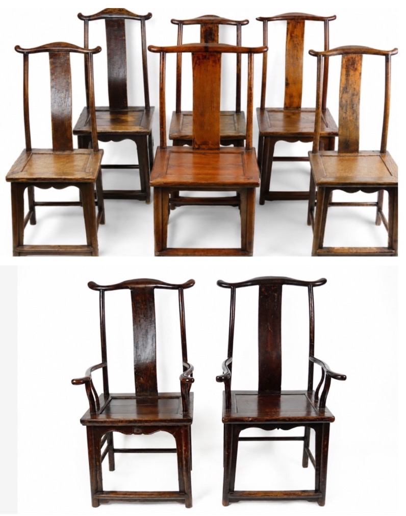 China, Qing Dynasty, 19th Century. 2 Armchairs And 6 Chairs In The “scholar’s Cap” Style