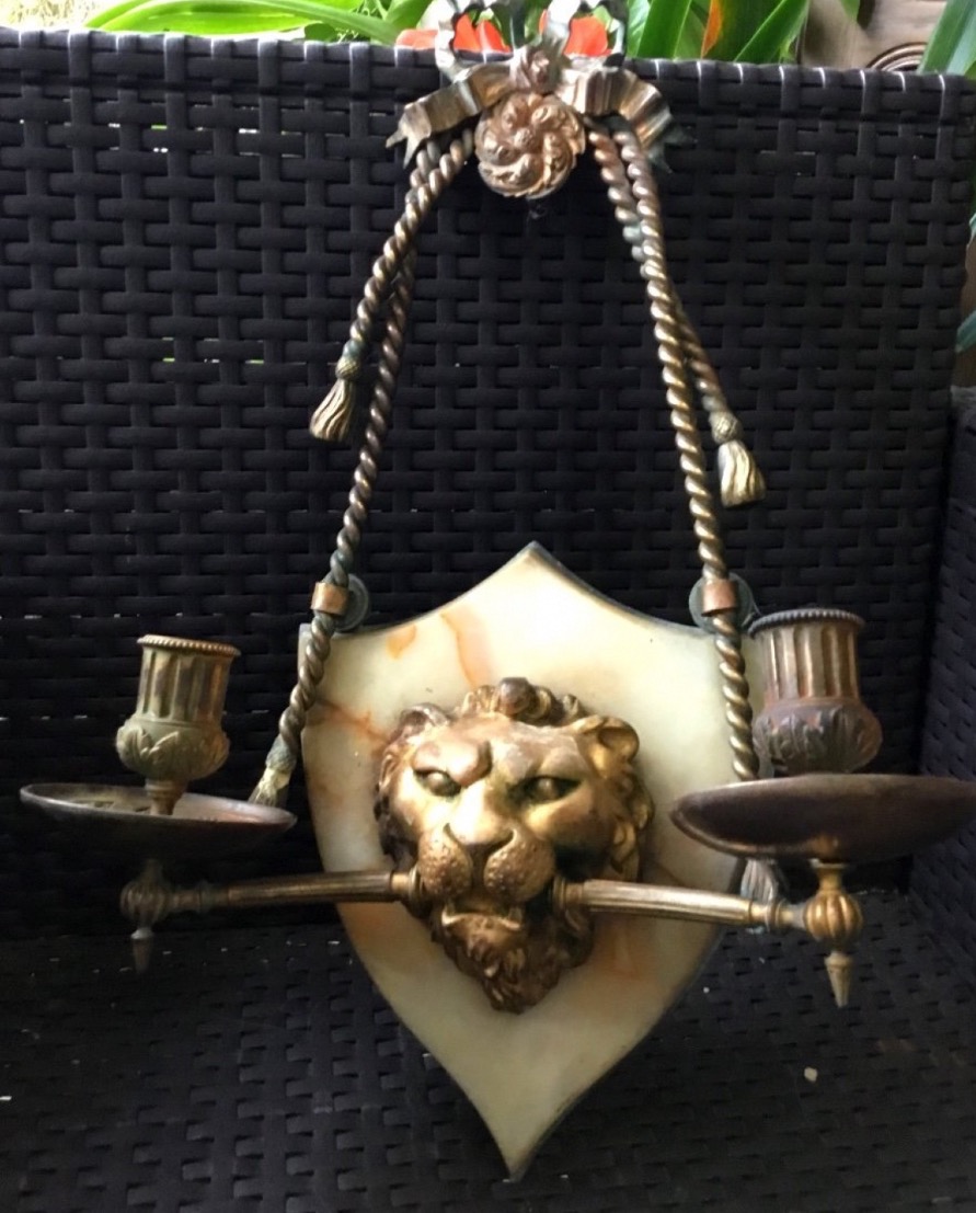 Large Marble And Bronze Wall Sconce With A Lion's Muzzle-photo-2