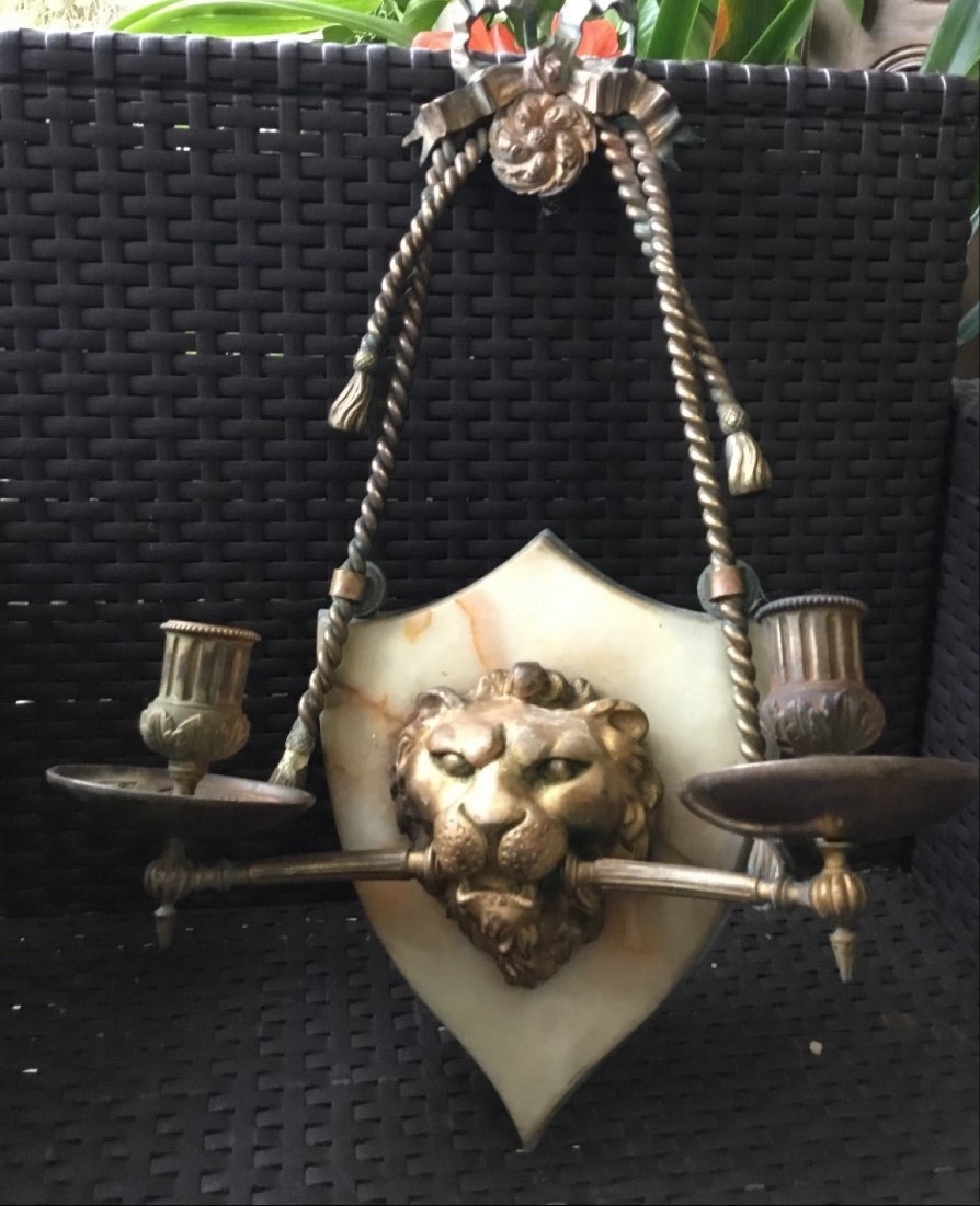 Large Marble And Bronze Wall Sconce With A Lion's Muzzle-photo-1