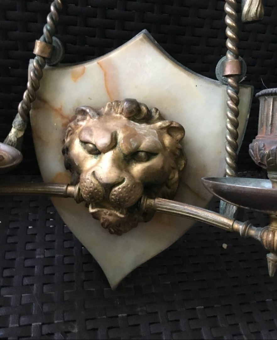 Large Marble And Bronze Wall Sconce With A Lion's Muzzle-photo-3