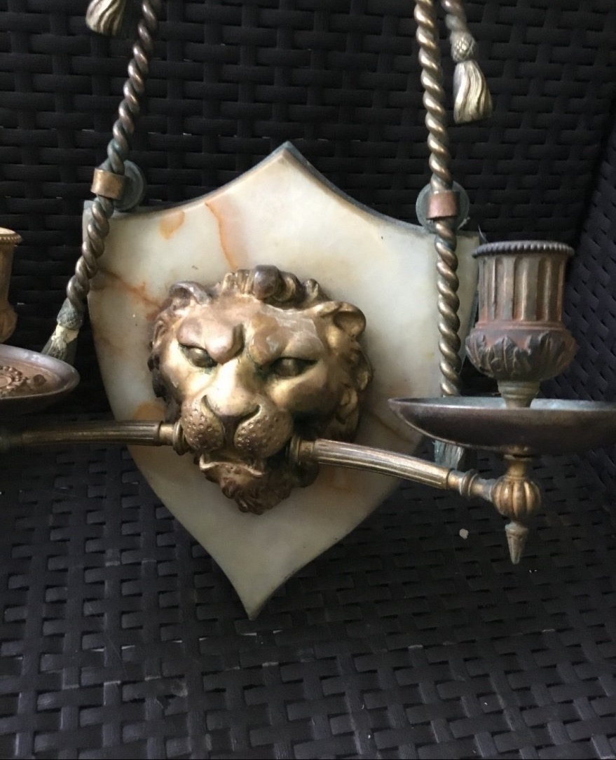 Large Marble And Bronze Wall Sconce With A Lion's Muzzle-photo-4