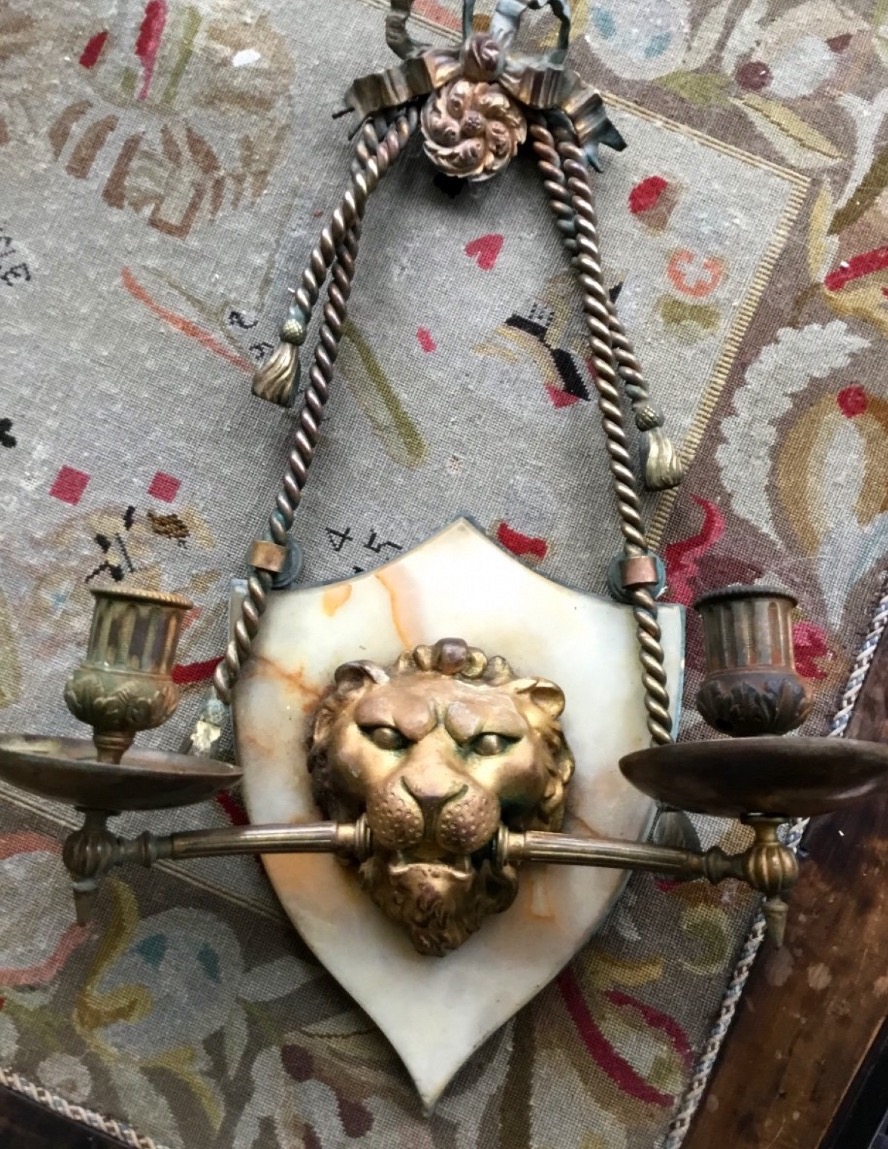 Large Marble And Bronze Wall Sconce With A Lion's Muzzle