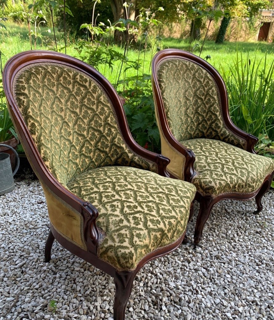 A Pair Of Louis Philippe Armchairs, With Mahogany Gondola-style Backrest, 19th-century Seats