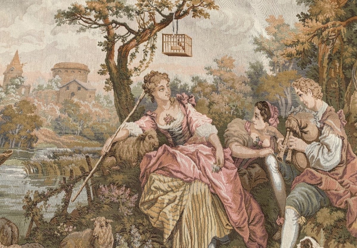 LA BERGERE A L’OISEAU TAPISSERIE PANNEAU GOBELIN