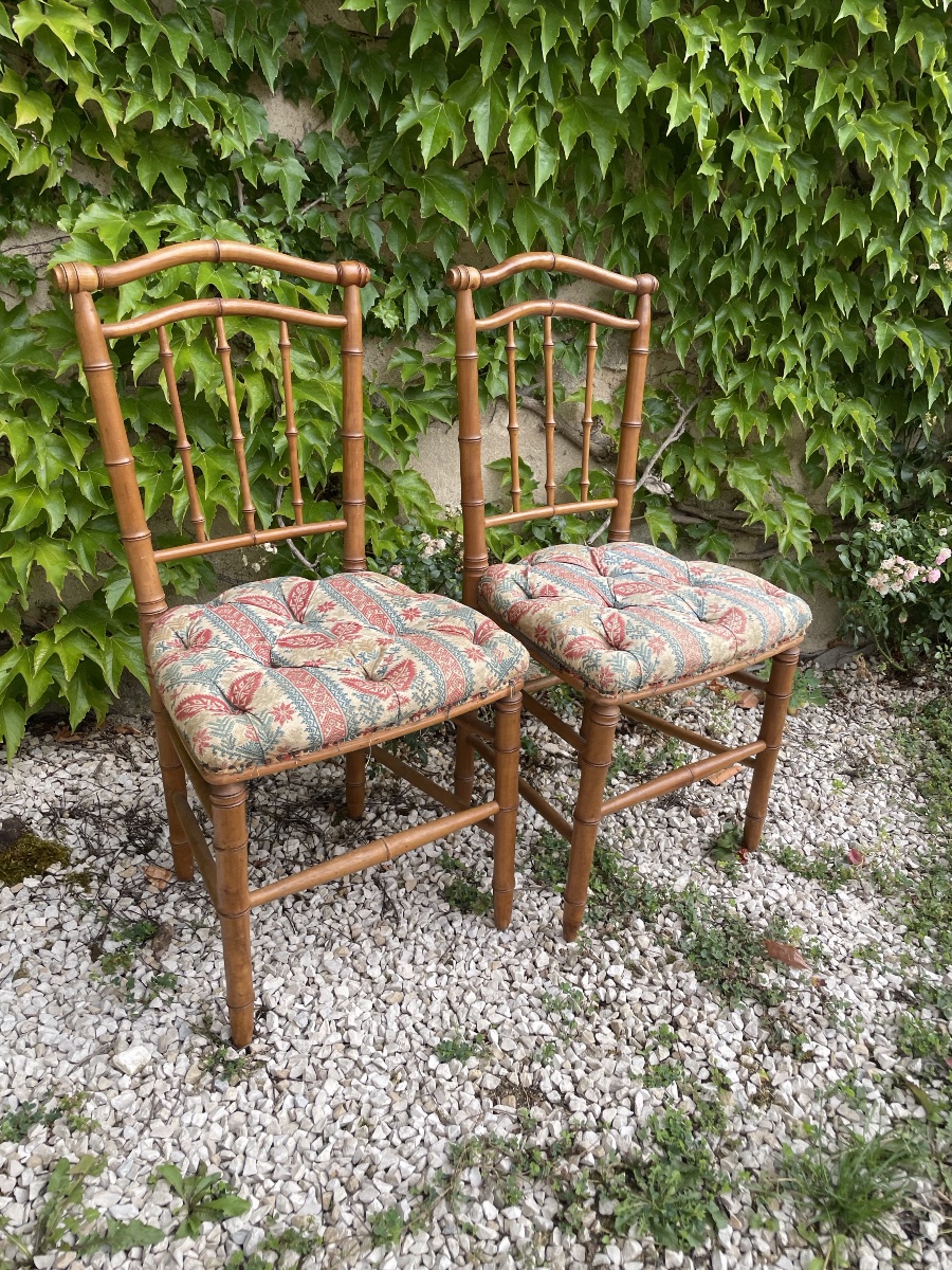 The Pair Of Small Bamboo-style Wooden Chairs-photo-5