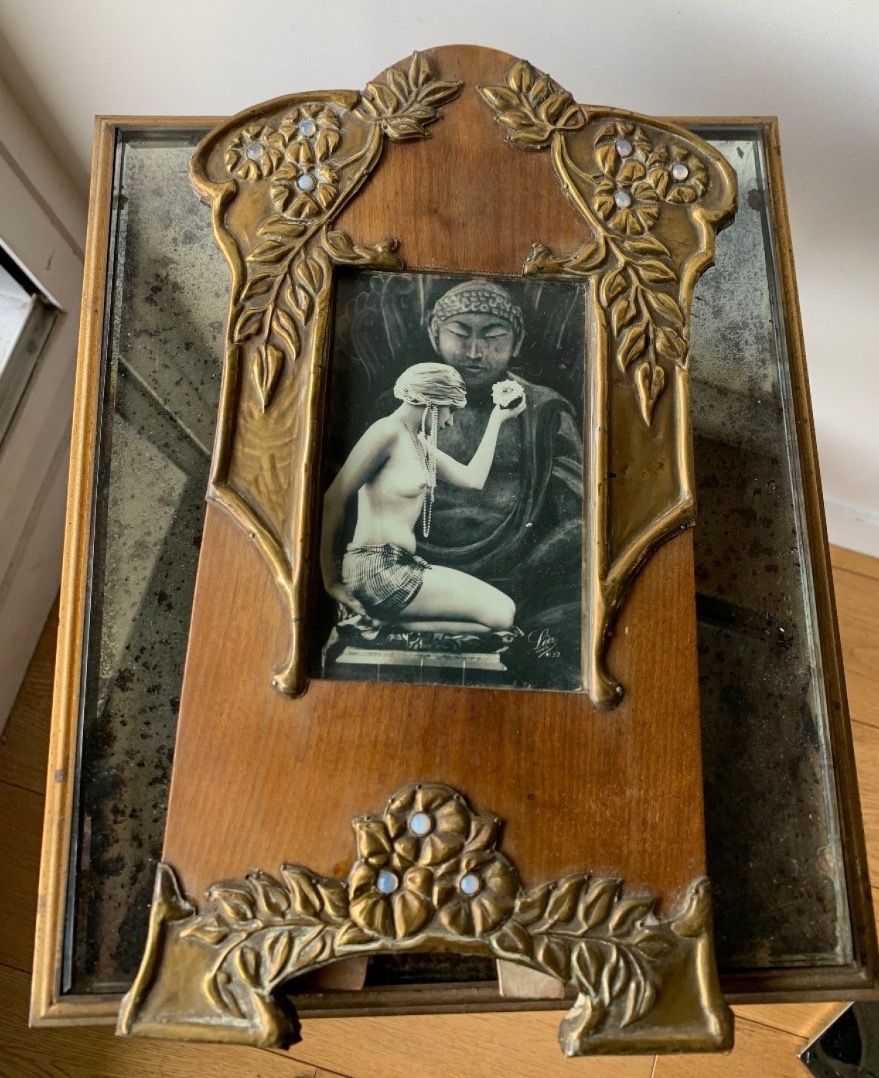 Wood And Embossed Brass Frame, Art Nouveau-photo-2