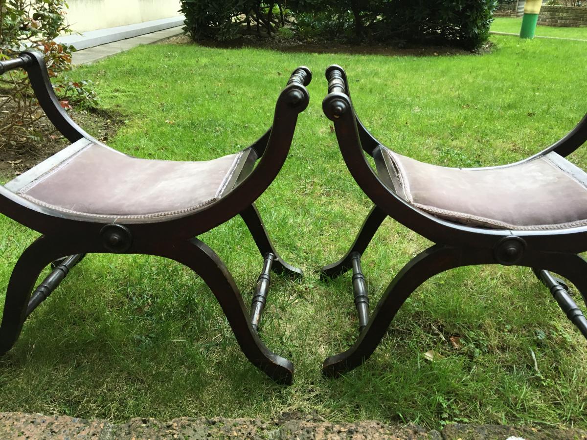 The Pair Of Curule Pouf In Black Lacquered Wood, Nineteenth