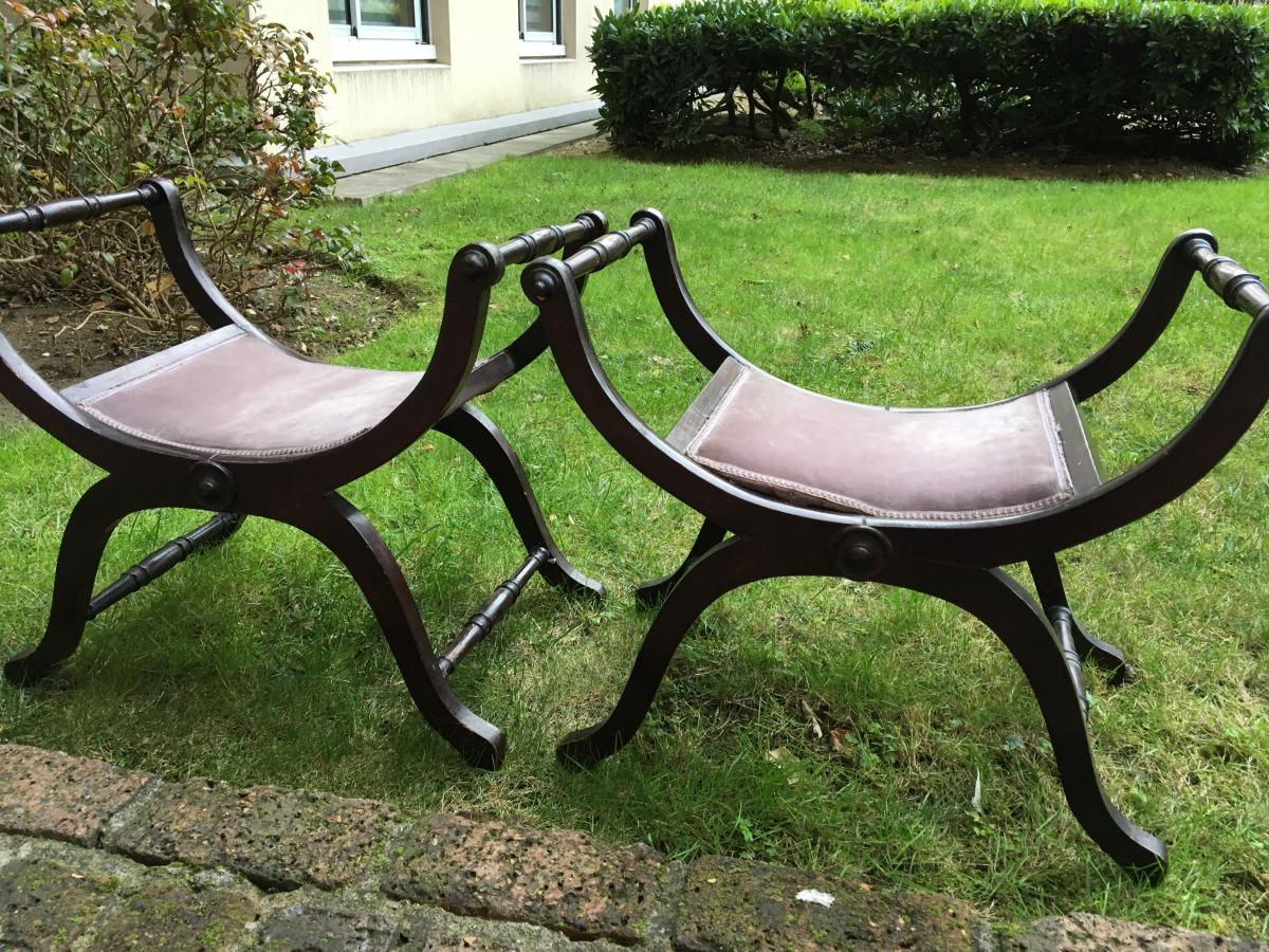 The Pair Of Curule Pouf In Black Lacquered Wood, Nineteenth-photo-2