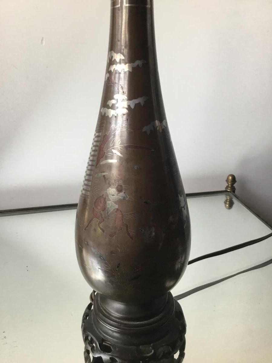 Lampe Balustre En Bronze Argent Et Cuivre, Indochine