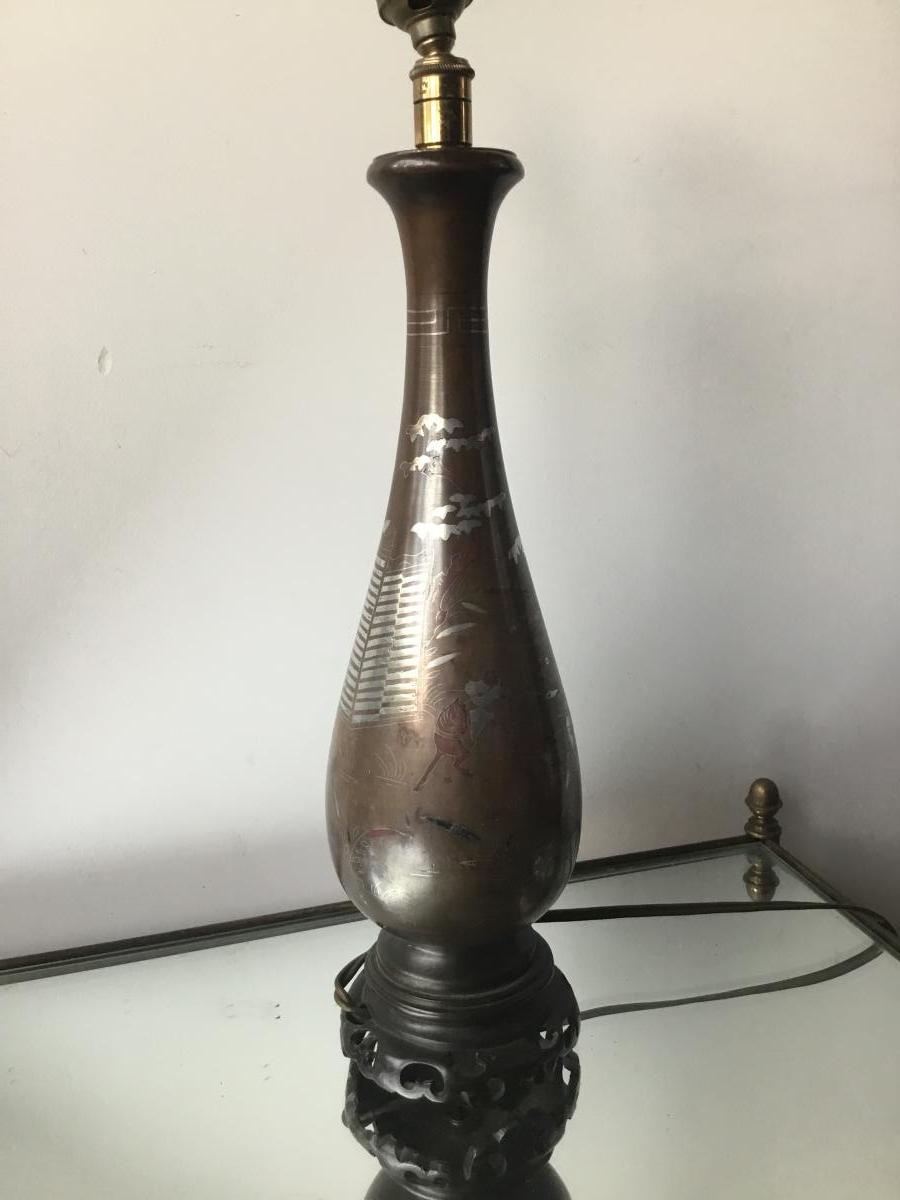 Lampe Balustre En Bronze Argent Et Cuivre, Indochine-photo-3
