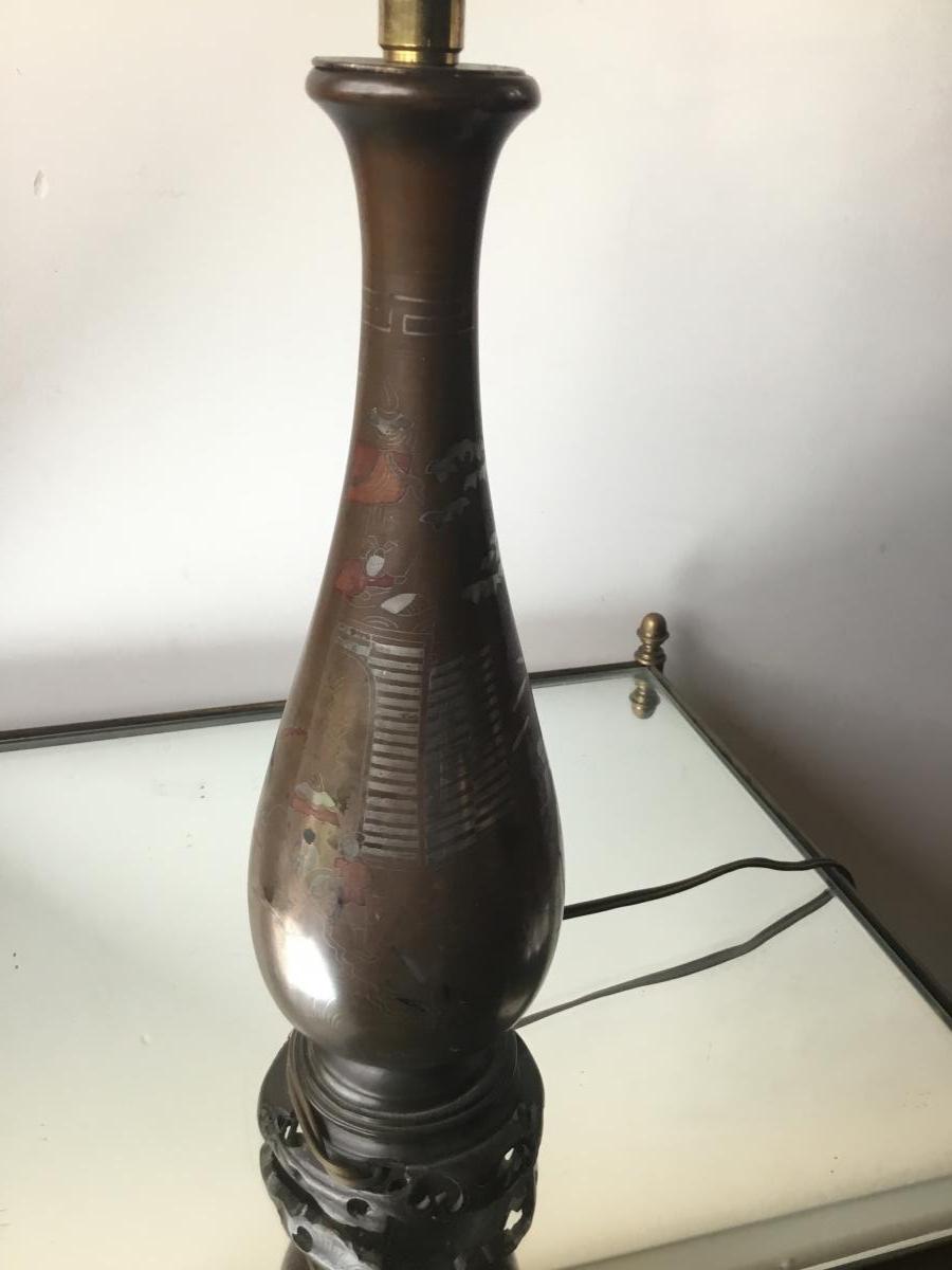 Lampe Balustre En Bronze Argent Et Cuivre, Indochine-photo-4
