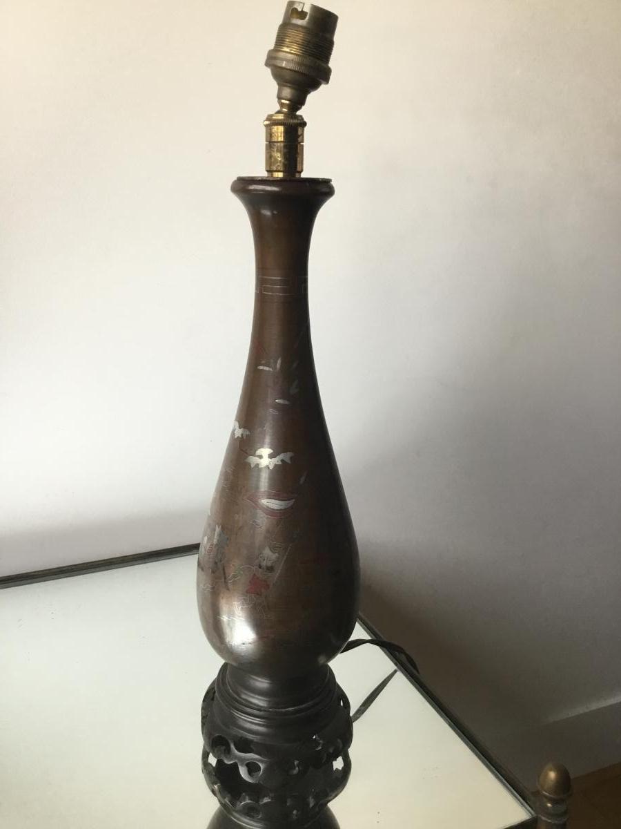 Lampe Balustre En Bronze Argent Et Cuivre, Indochine-photo-2
