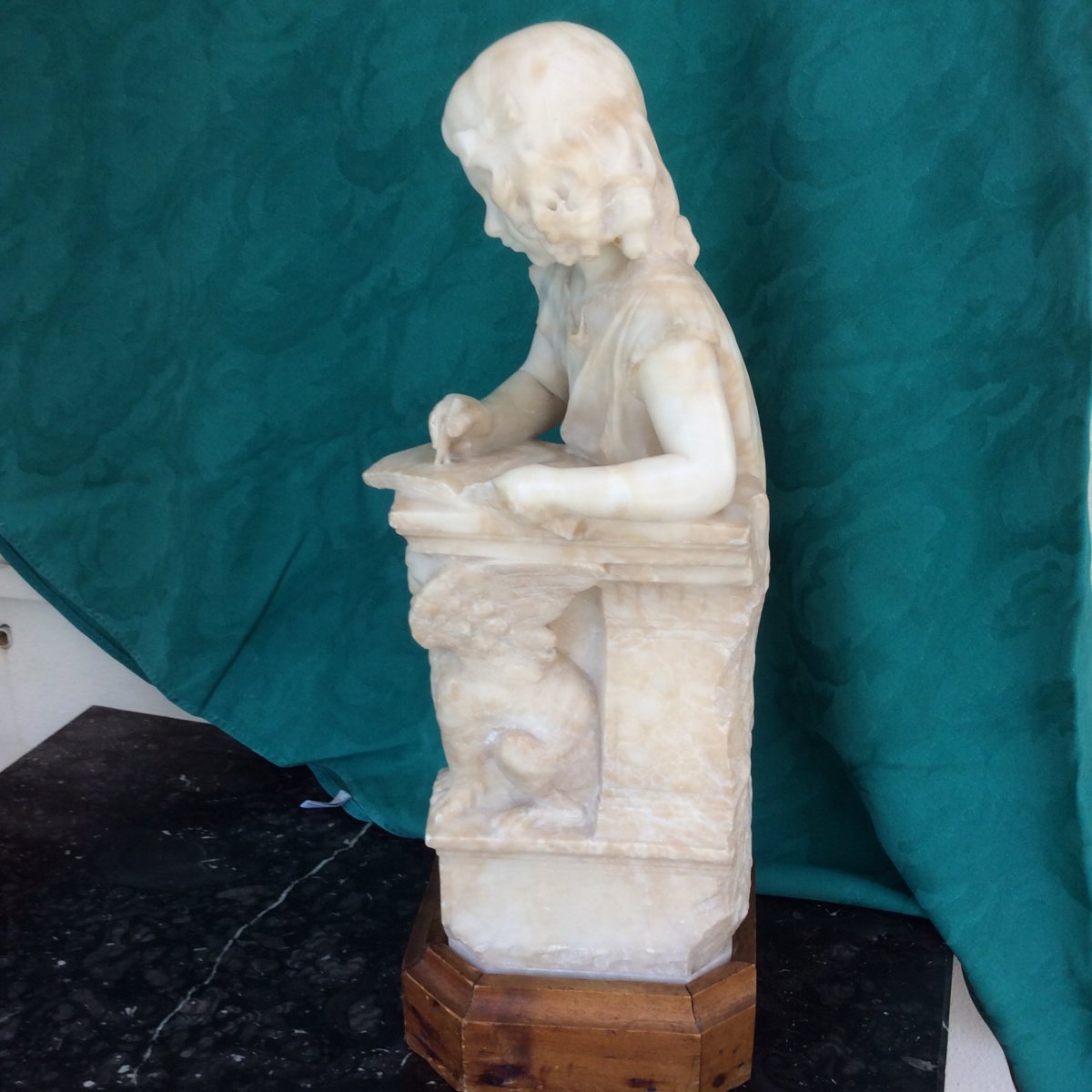 Statue En Albâtre : Jeune Fille écrivant.-photo-3