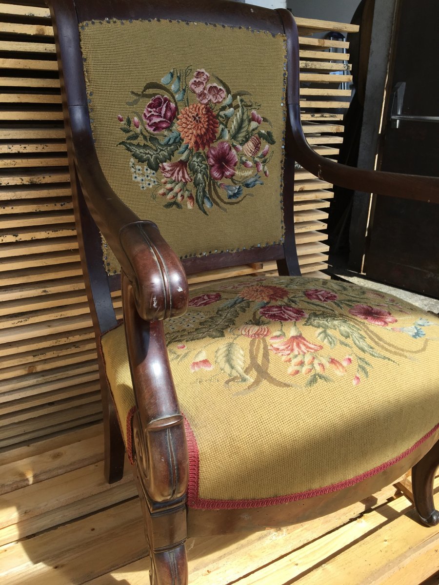 Mahogany Armchair Covered With A Tapestry In Point, Nap III-photo-2