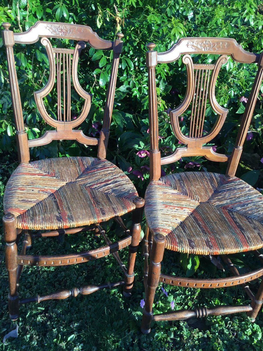 Pair Of Straw Chairs With Lyre Back, XIXth-photo-2