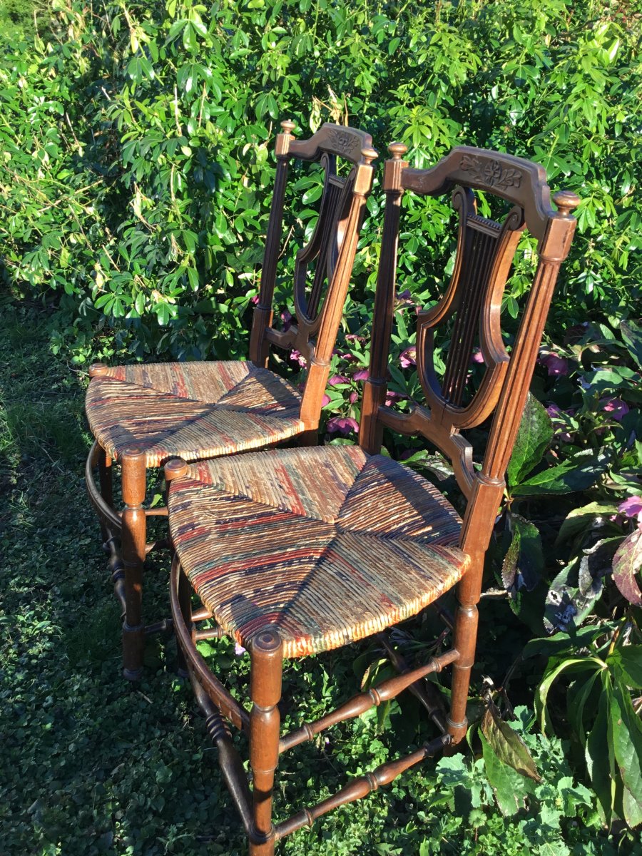 Pair Of Straw Chairs With Lyre Back, XIXth-photo-4