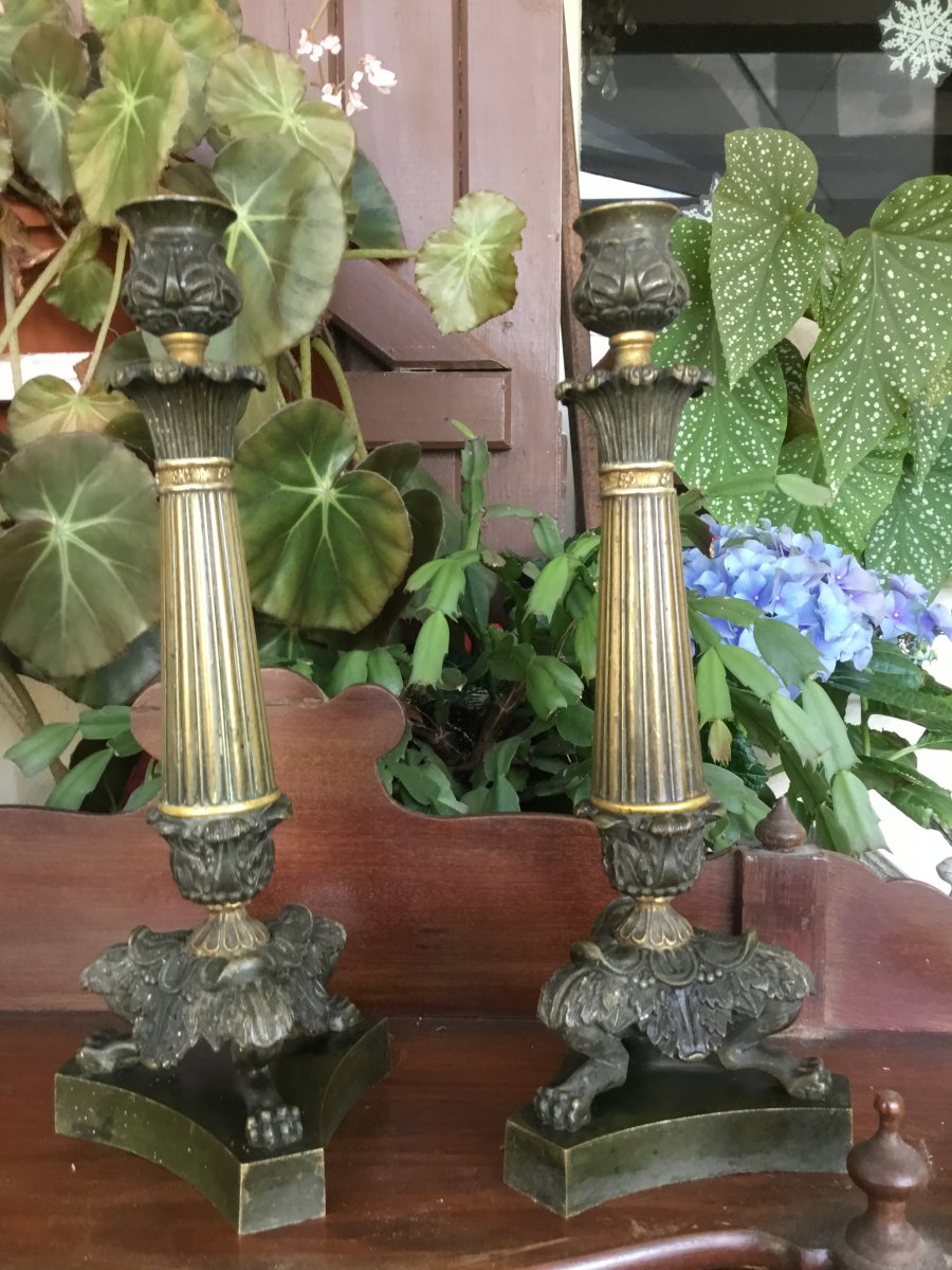 Pair Of Candlesticks In Gilt Bronze Restoration With Two Patinas-photo-2