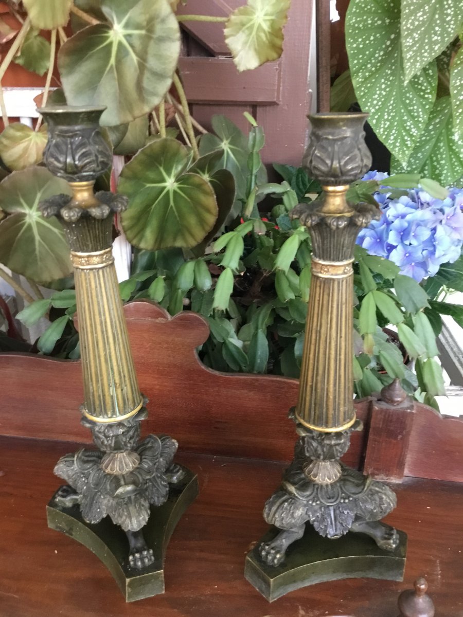 Pair Of Candlesticks In Gilt Bronze Restoration With Two Patinas-photo-3