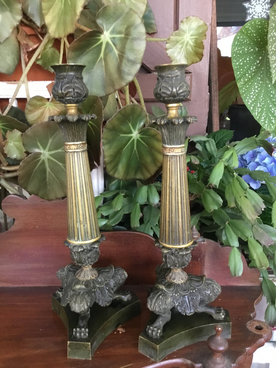 Pair Of Candlesticks In Gilt Bronze Restoration With Two Patinas-photo-1