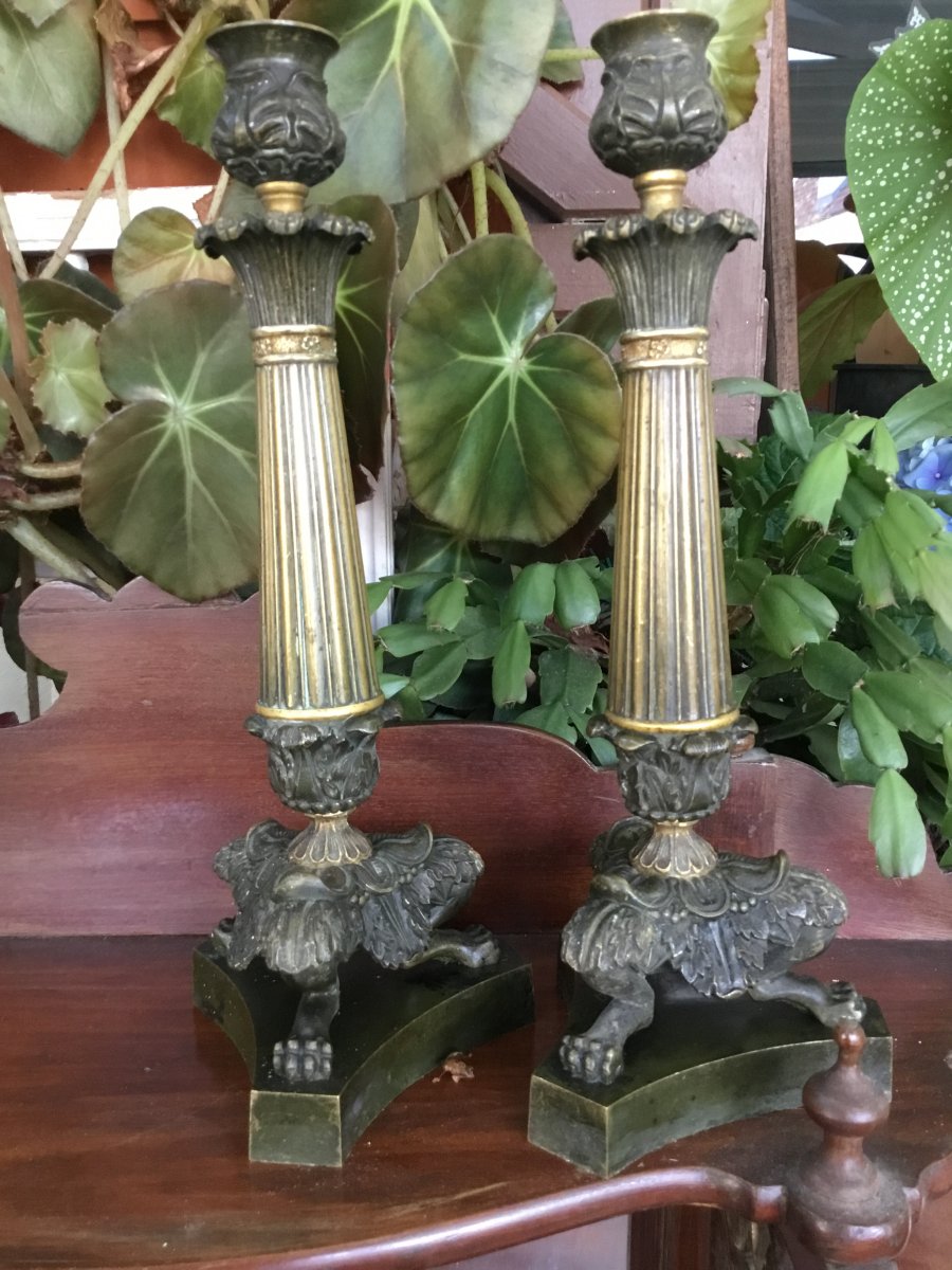Pair Of Candlesticks In Gilt Bronze Restoration With Two Patinas-photo-2