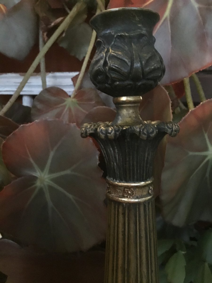 Pair Of Candlesticks In Gilt Bronze Restoration With Two Patinas-photo-3