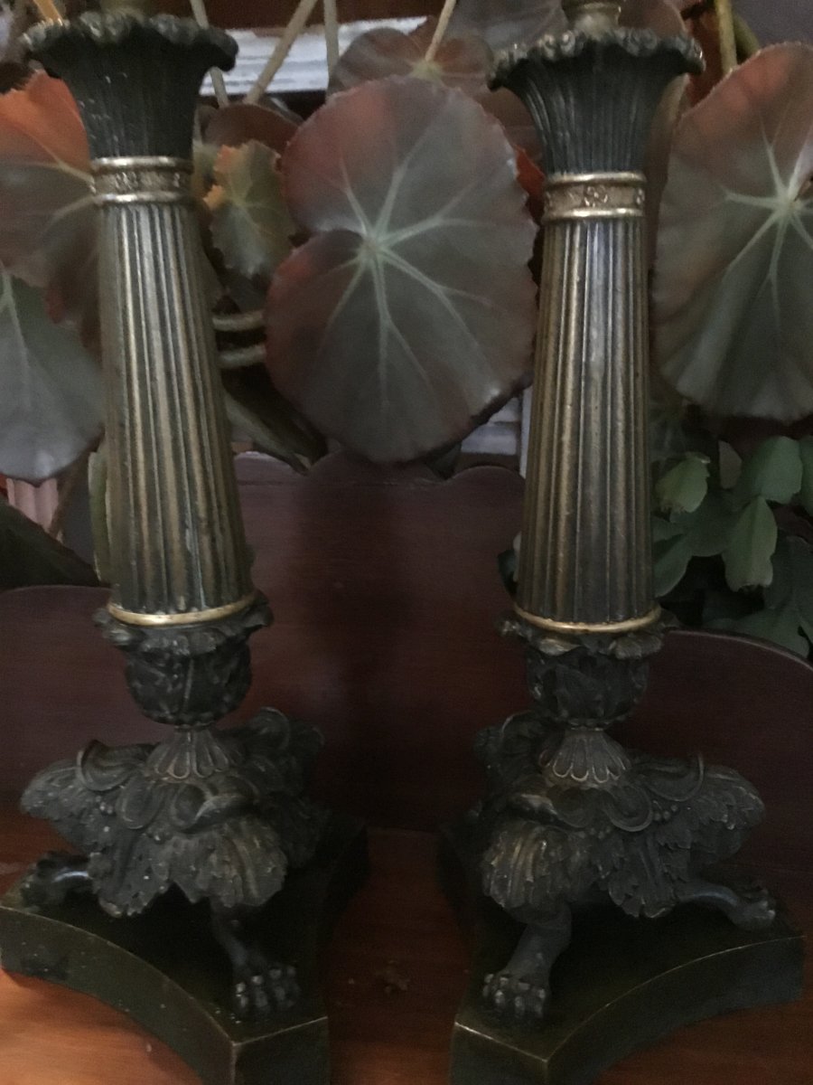 Pair Of Candlesticks In Gilt Bronze Restoration With Two Patinas-photo-4
