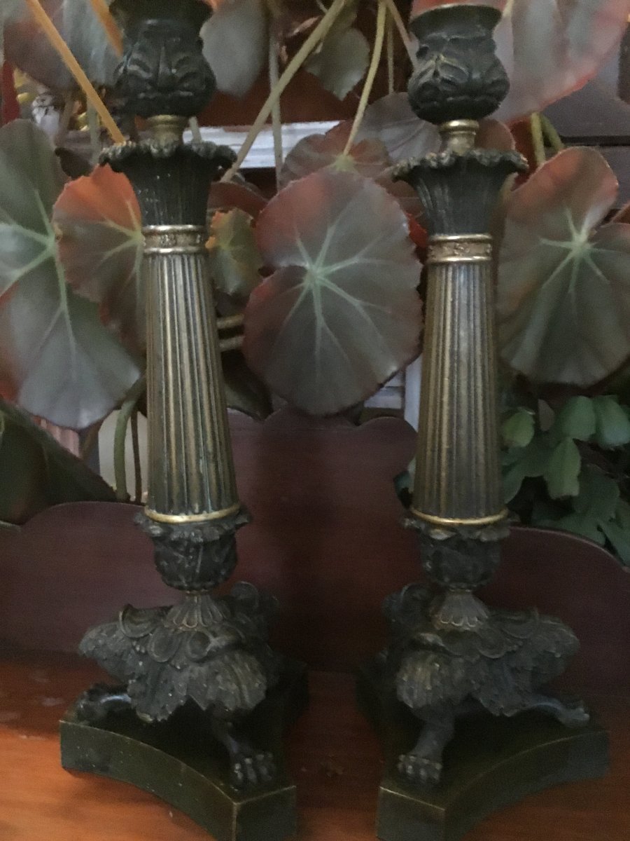 Pair Of Candlesticks In Gilt Bronze Restoration With Two Patinas-photo-5