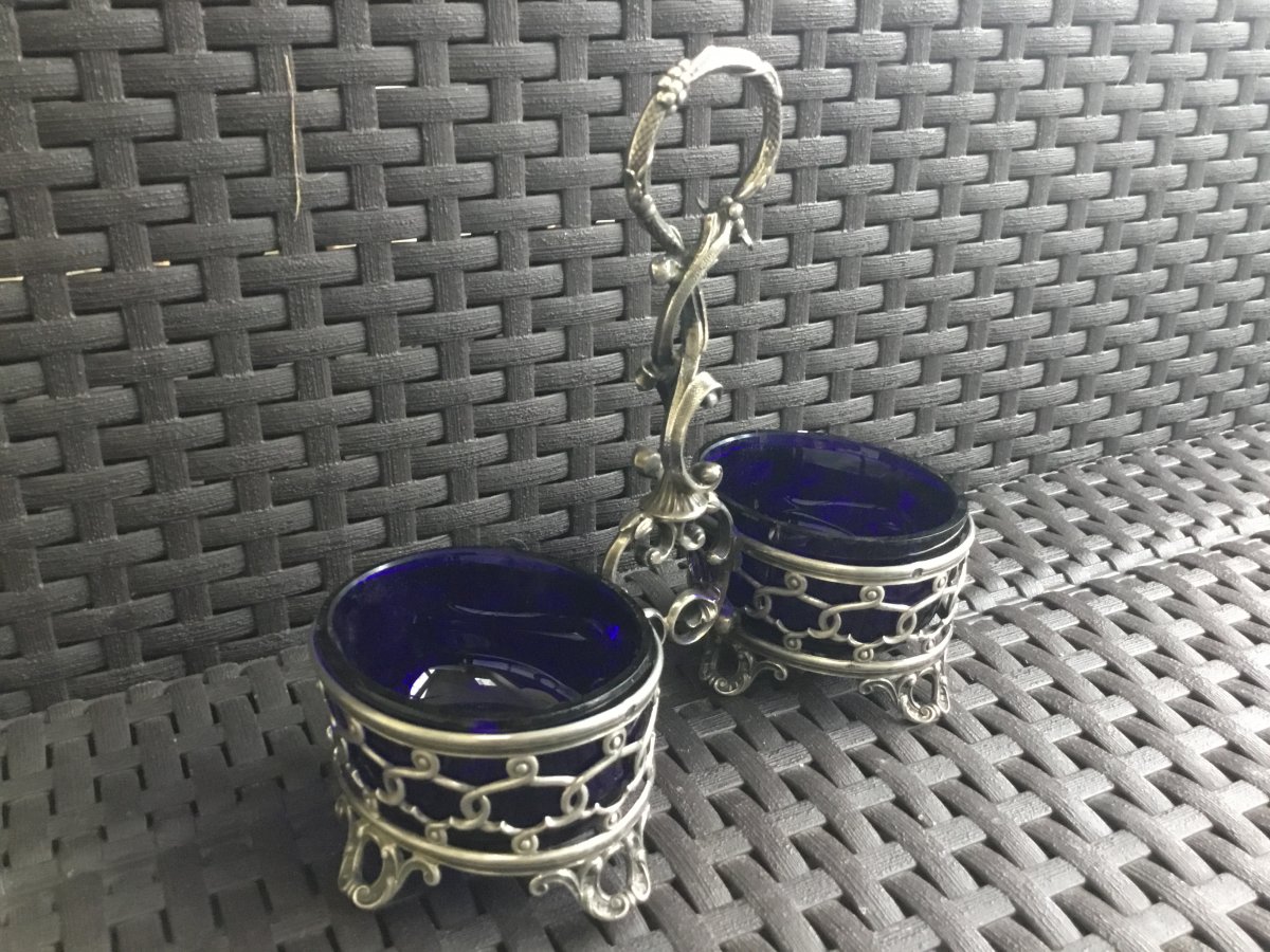 Double Saleron In Silver And Blue Glass.-photo-2