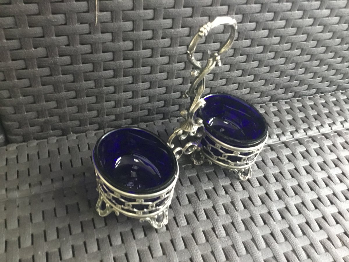Double Saleron In Silver And Blue Glass.-photo-4
