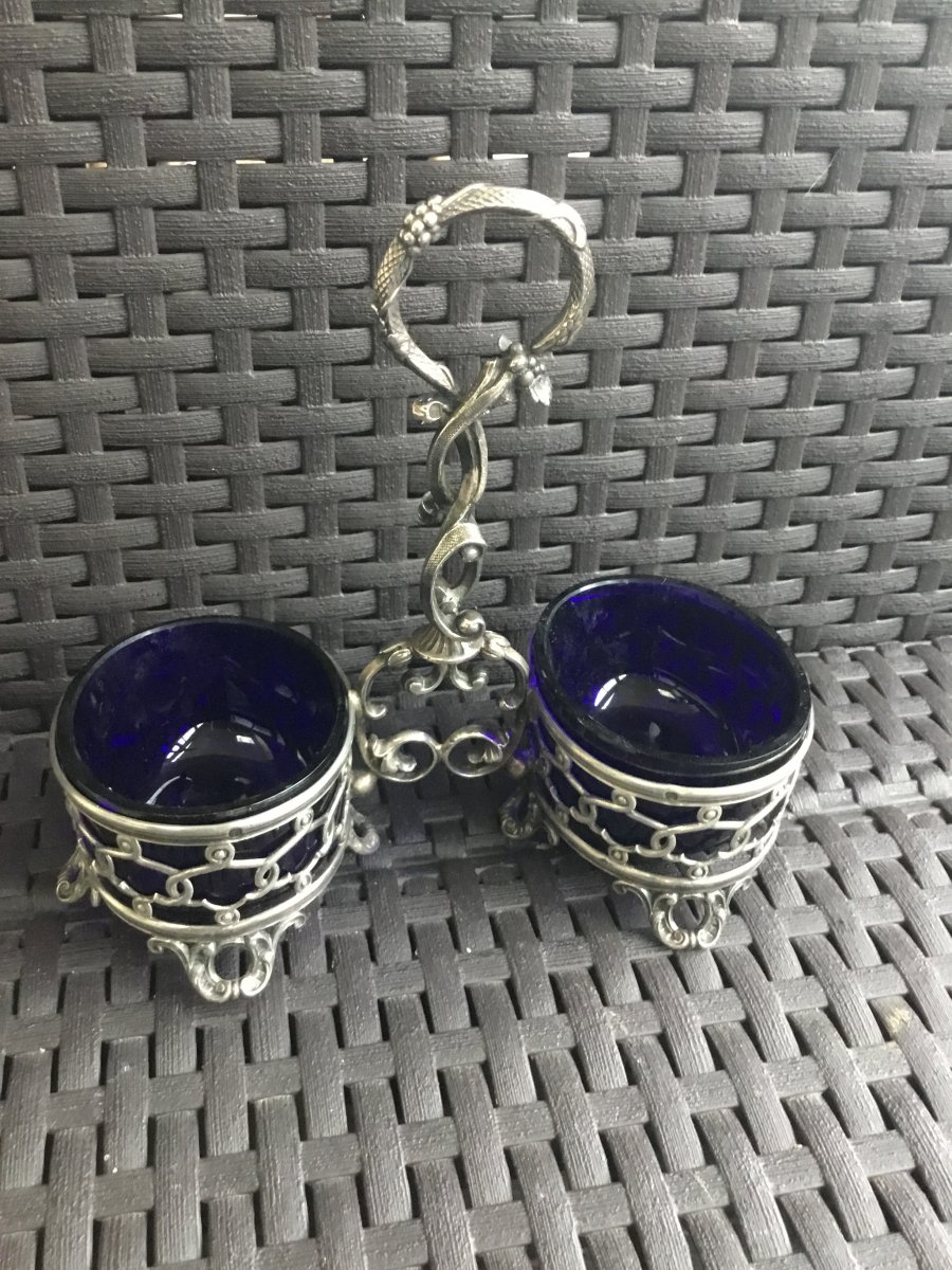 Saleron Double En Argent Et Verre Bleu.