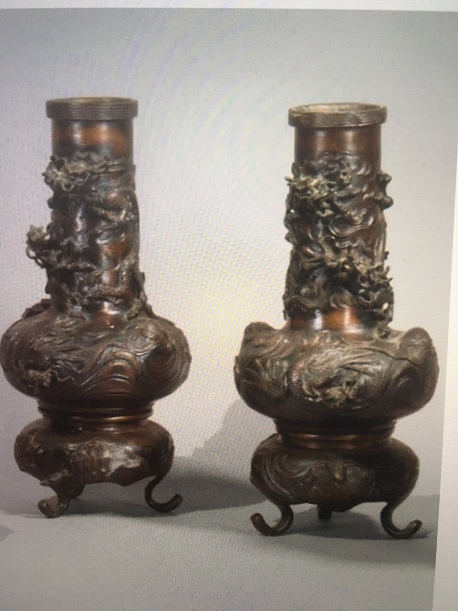 Paire De Vases En Bronze à Patine Brune à Décor De Dragons-photo-3