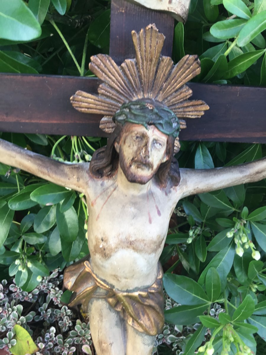Large Polychrome Christ, XIXth (65 Cm)-photo-4