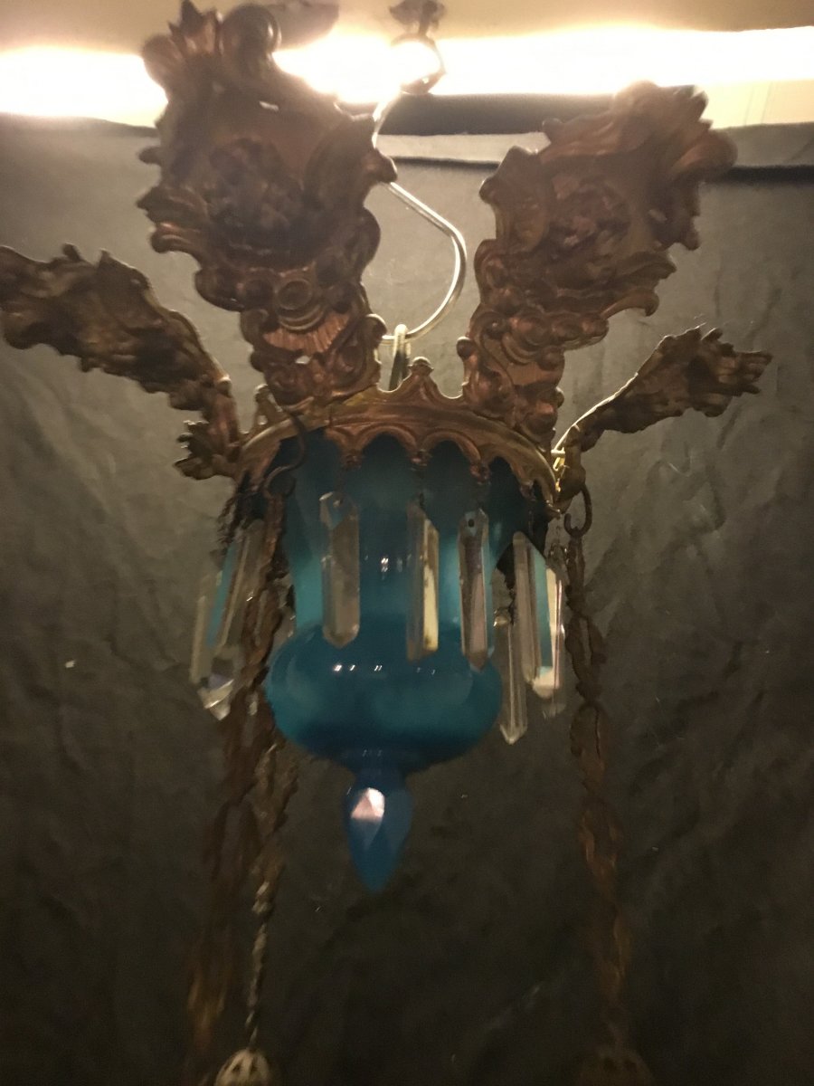 Lustre à 6 Feux En Opaline Bleue Et Angelots Ep Restauration-photo-1
