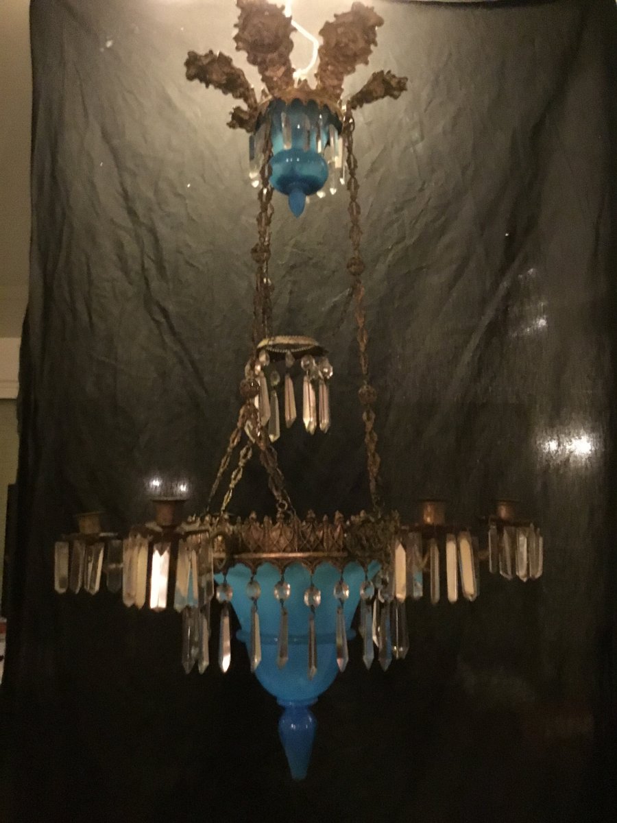 Chandelier With 6 Lights In Blue Opaline And Cherubs Ep Restoration-photo-3