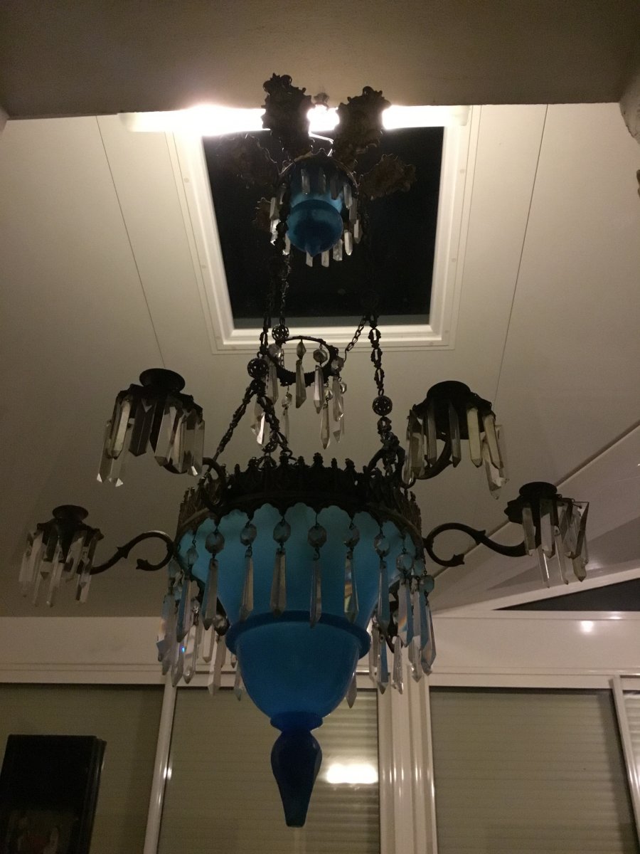 Chandelier With 6 Lights In Blue Opaline And Cherubs Ep Restoration-photo-5