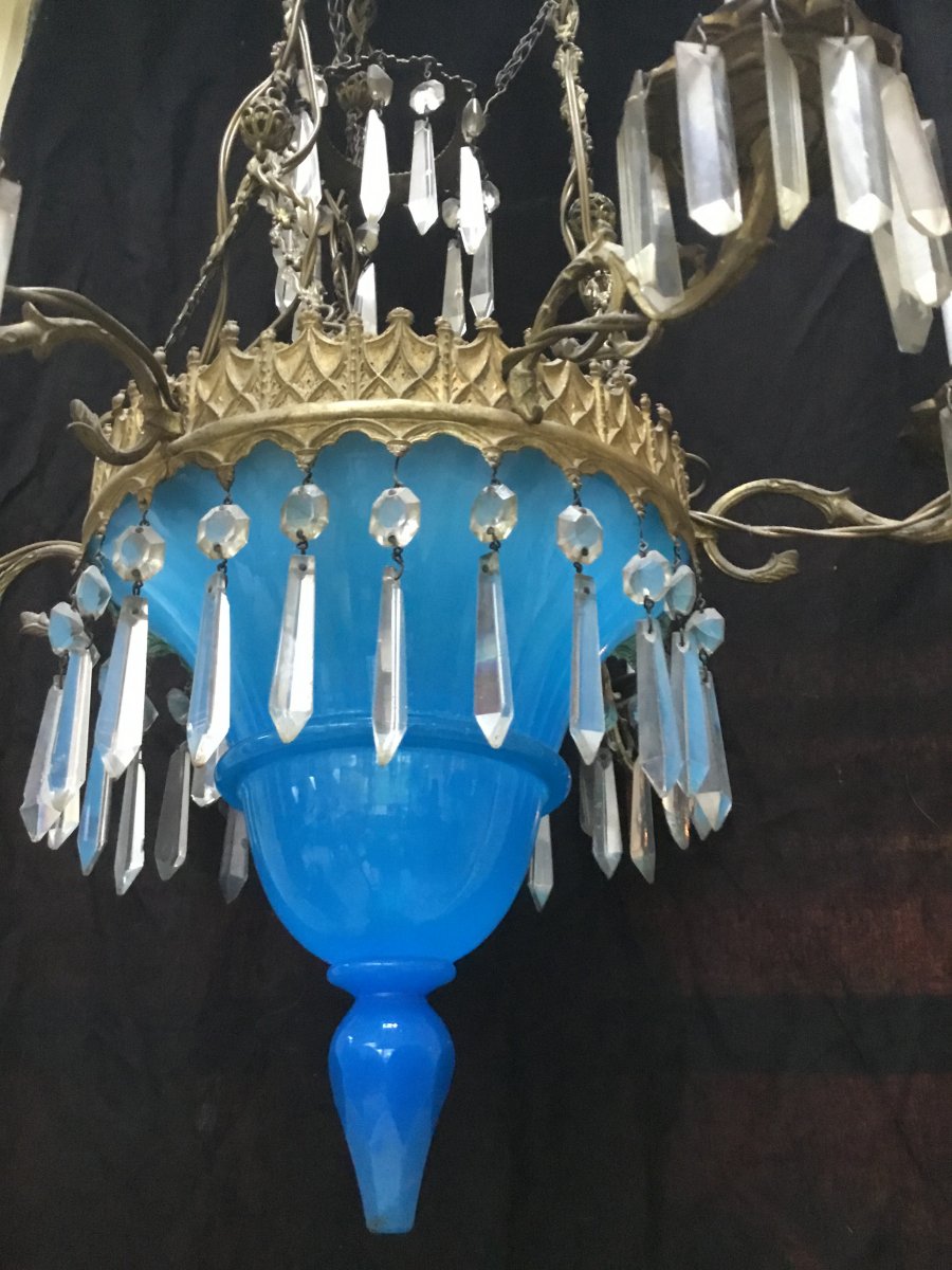 Chandelier With 6 Lights In Blue Opaline And Cherubs Ep Restoration-photo-6