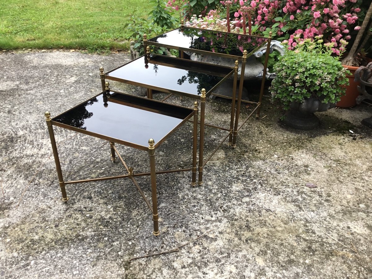  3 Tables Gigognes Bronze Doré Plateaux Opaline Noire Entretoise En X-photo-2