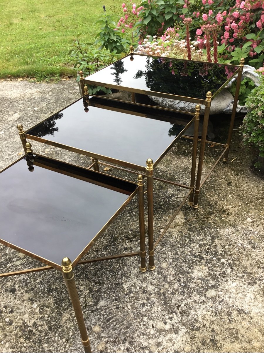  3 Tables Gigognes Bronze Doré Plateaux Opaline Noire Entretoise En X-photo-1