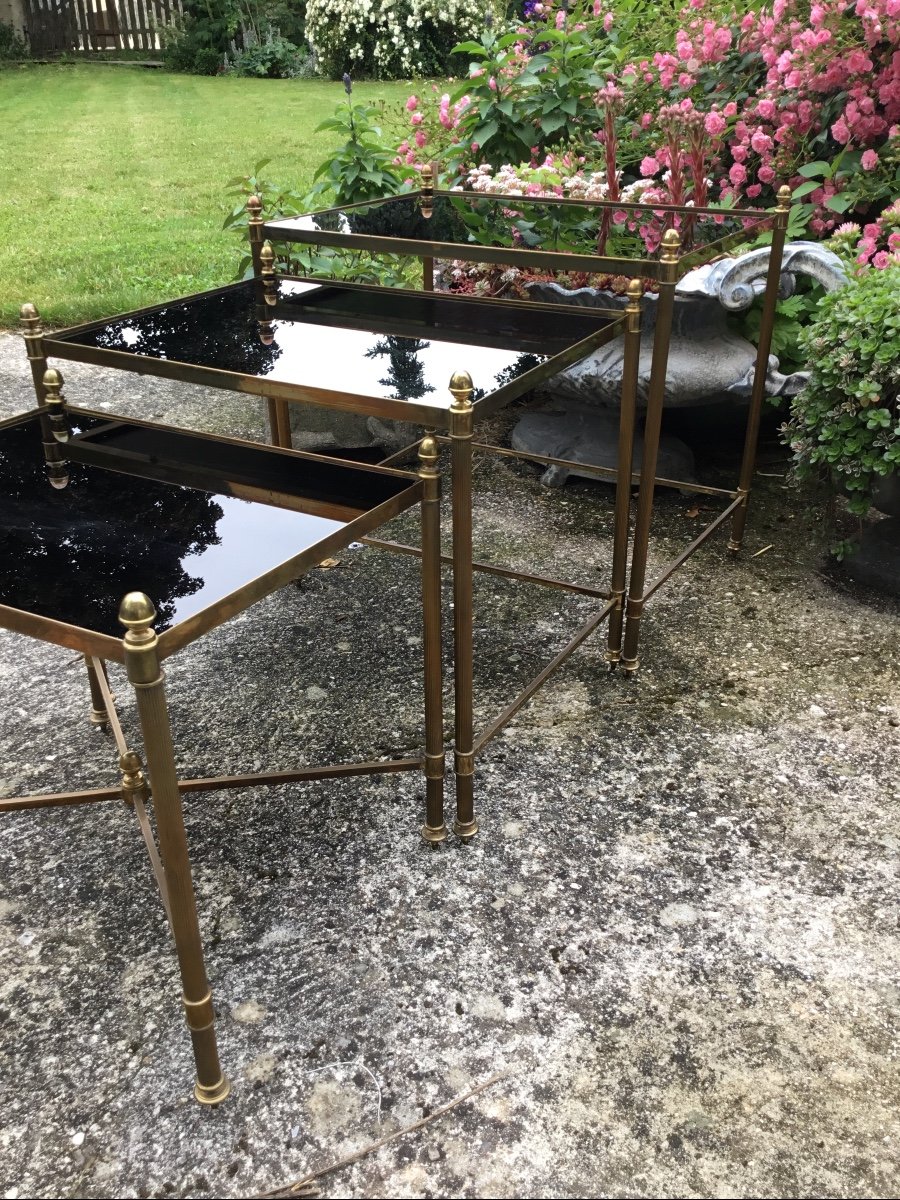  3 Tables Gigognes Bronze Doré Plateaux Opaline Noire Entretoise En X-photo-2