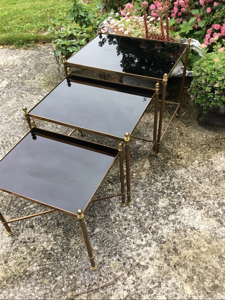  3 Tables Gigognes Bronze Doré Plateaux Opaline Noire Entretoise En X-photo-3