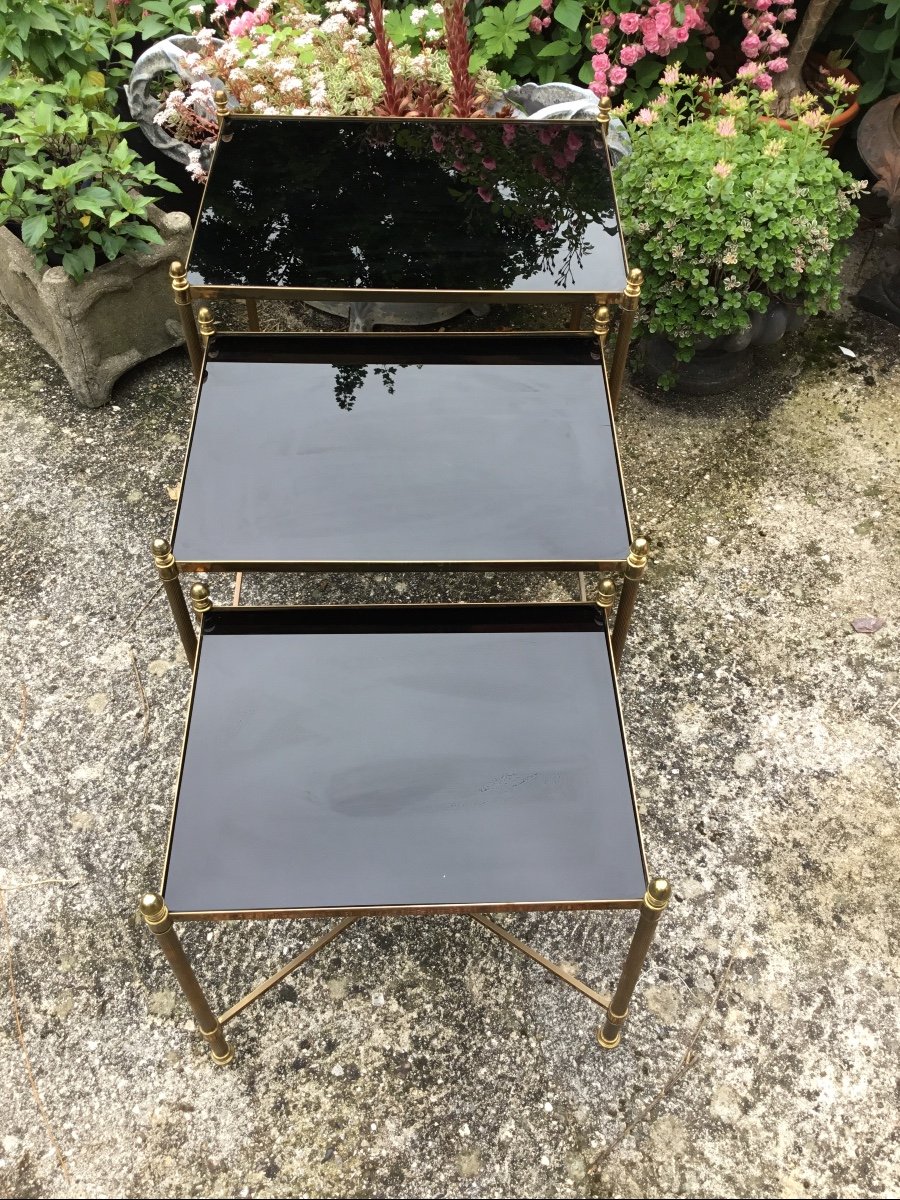  3 Tables Gigognes Bronze Doré Plateaux Opaline Noire Entretoise En X-photo-4