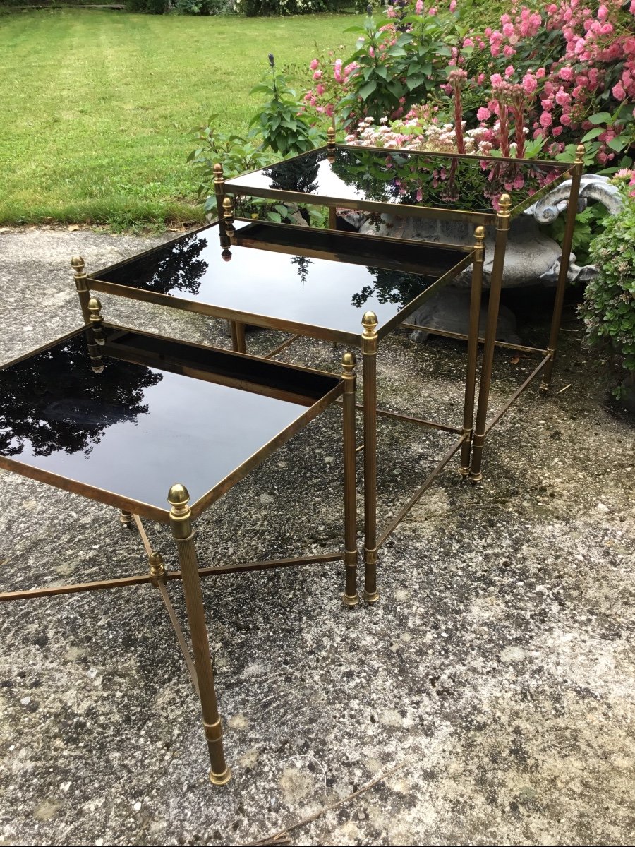  3 Tables Gigognes Bronze Doré Plateaux Opaline Noire Entretoise En X-photo-8