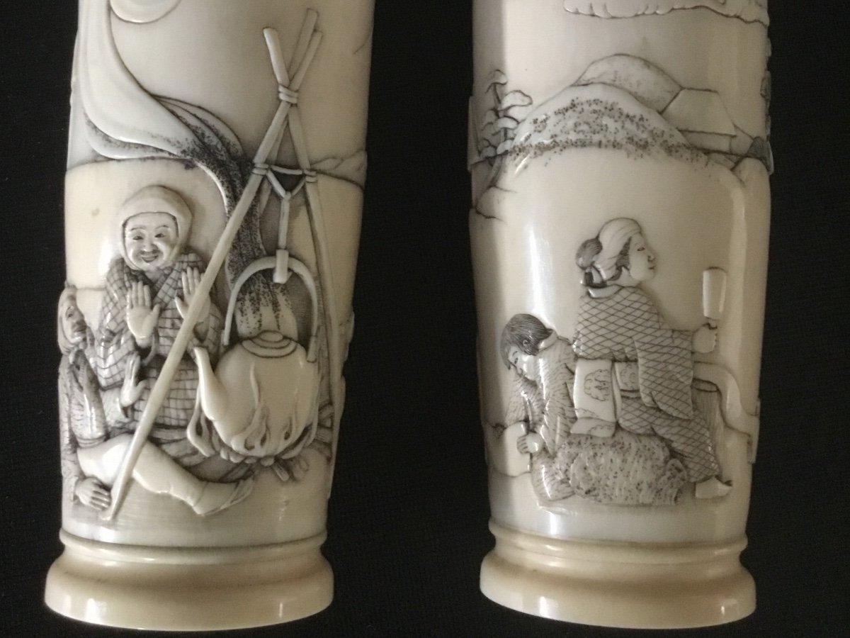 Pair Of Small Japanese Ivory Vases, Edo Period-photo-4