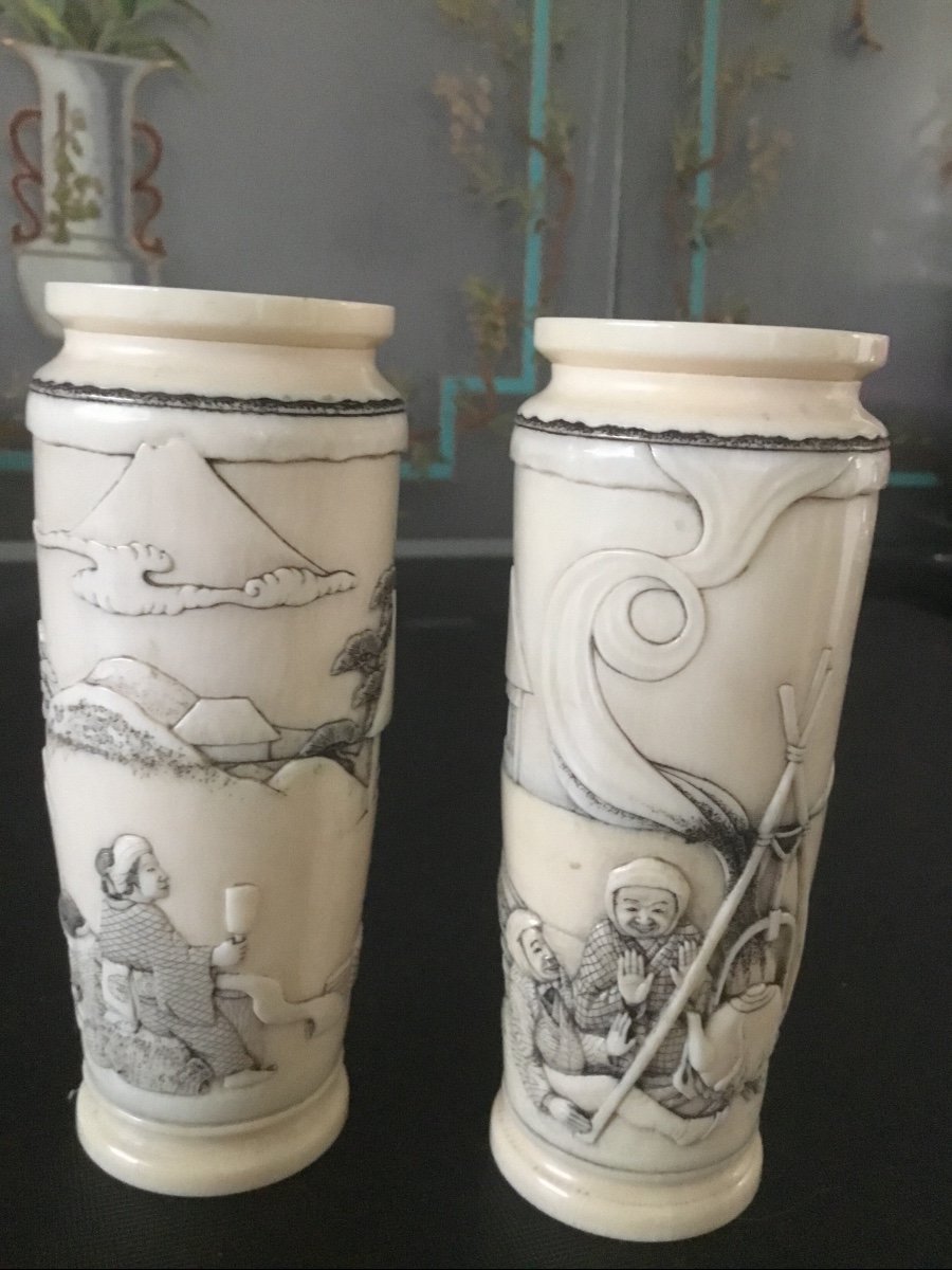 Pair Of Small Japanese Ivory Vases, Edo Period-photo-7