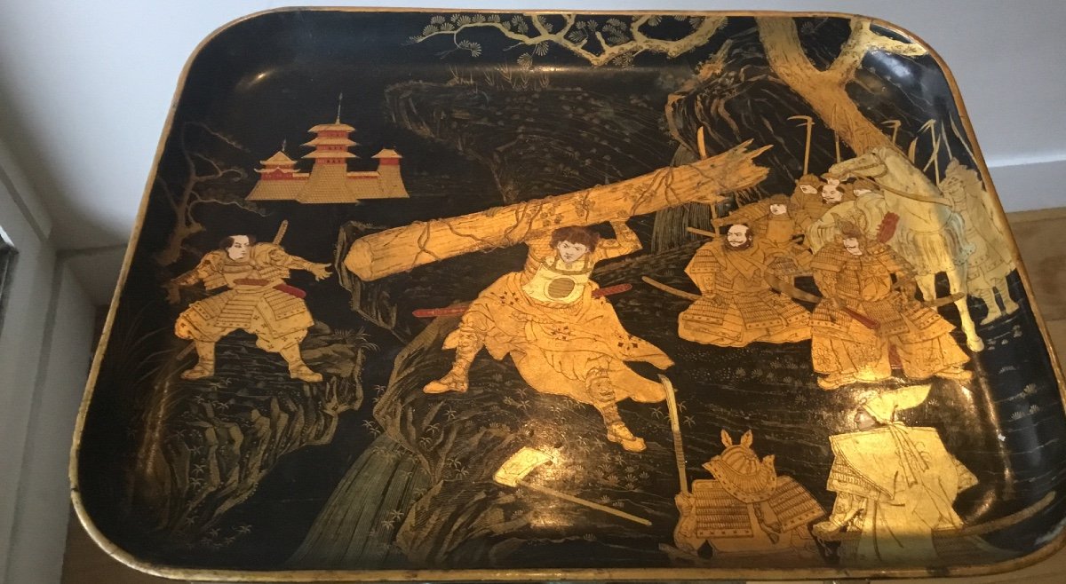 Boiled Cardboard Tray Samurai Decor, Circa 1900-photo-2