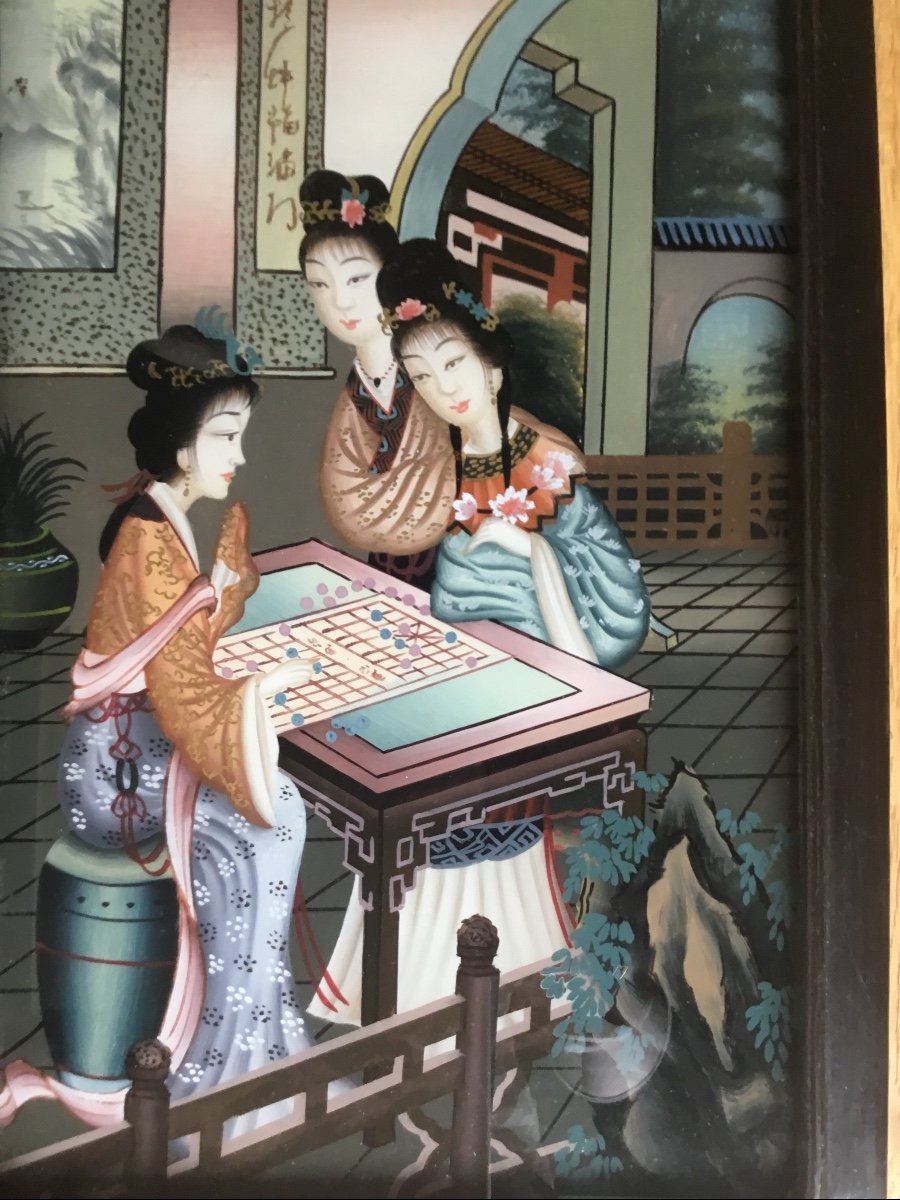 La Paire De Tableaux En Fixé Sous Verre, Japon Début XX ème-photo-3