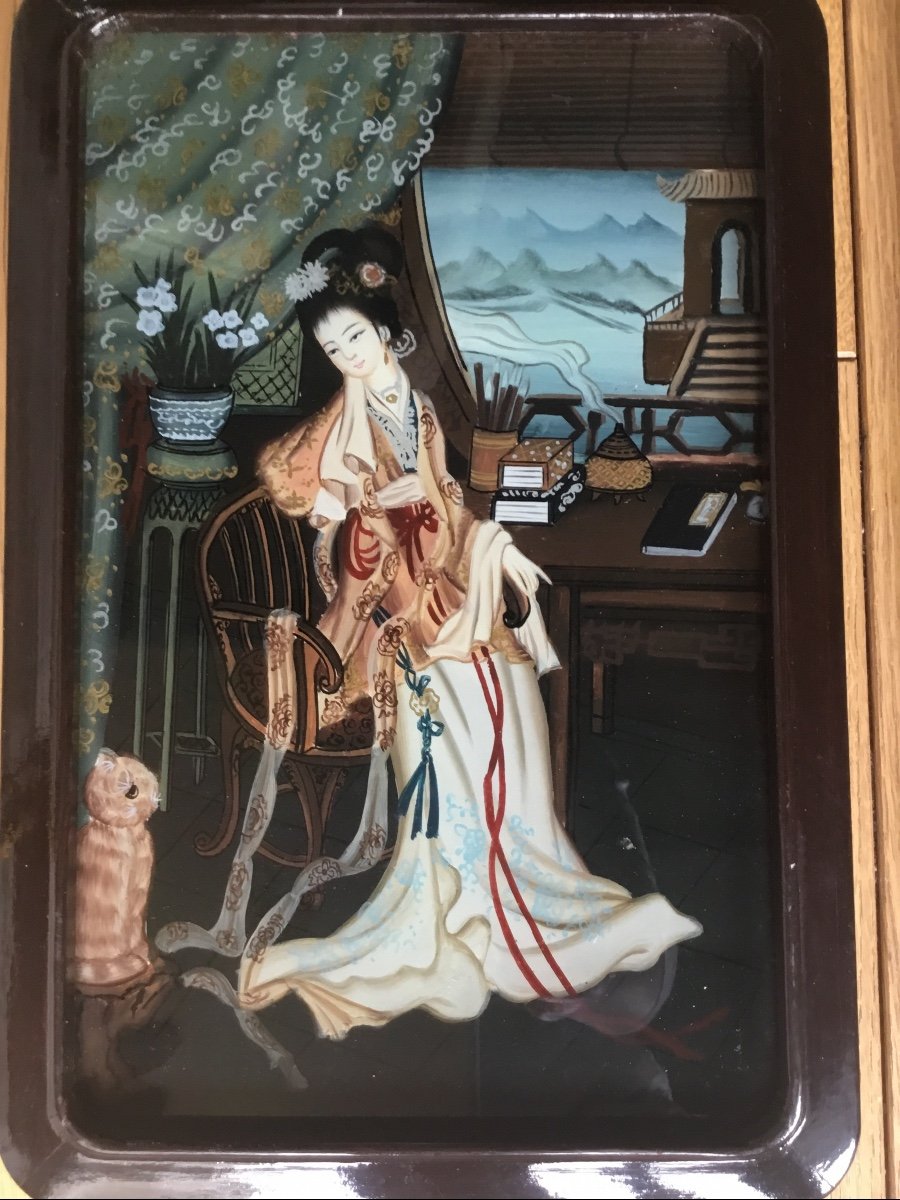 La Paire De Tableaux En Fixé Sous Verre, Japon Début XX ème-photo-6